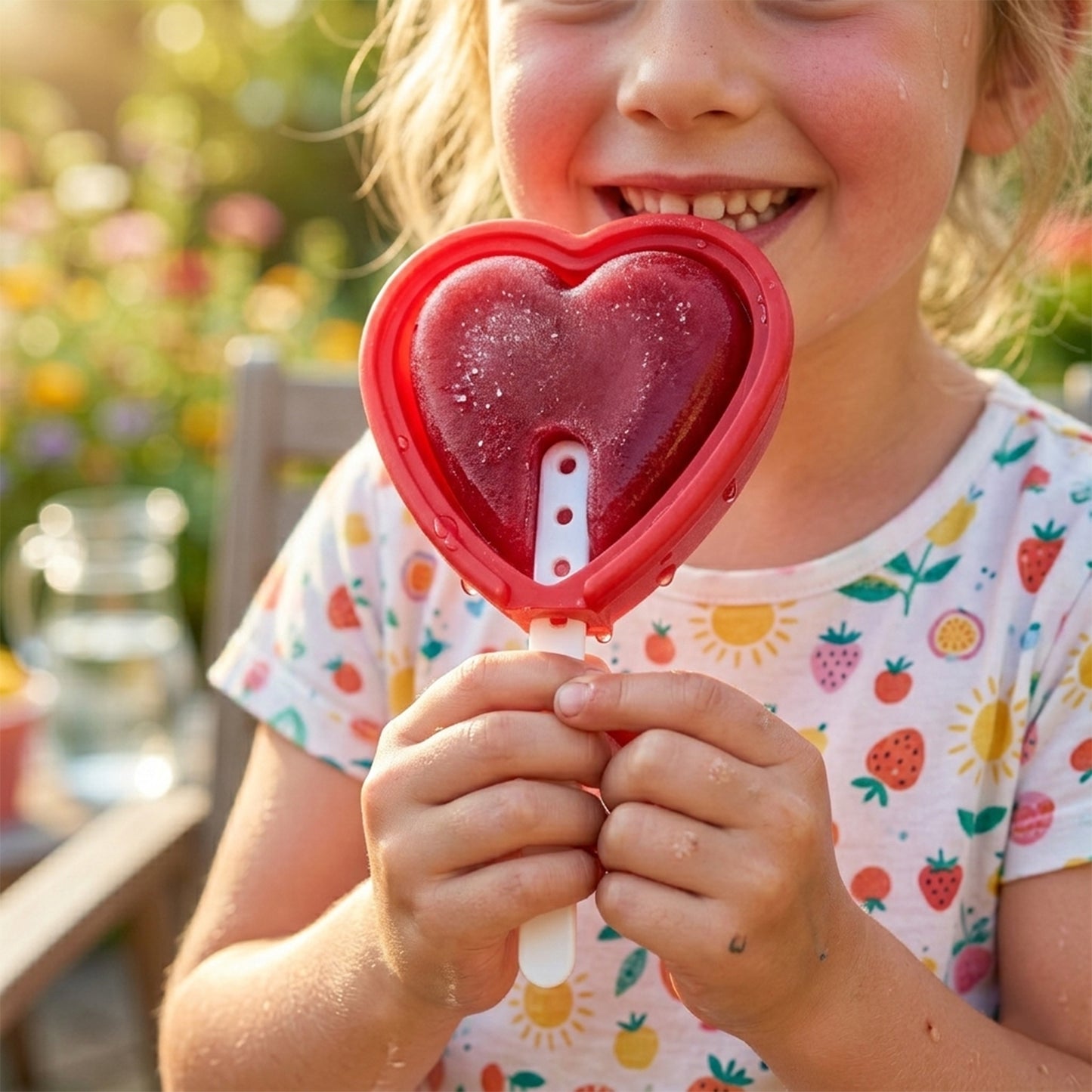 Wukusy premium heart-shaped silicone popsicle mold set with four colorful molds for homemade frozen treats.
