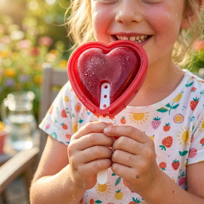 Wukusy premium heart-shaped silicone popsicle mold set with four colorful molds for homemade frozen treats.