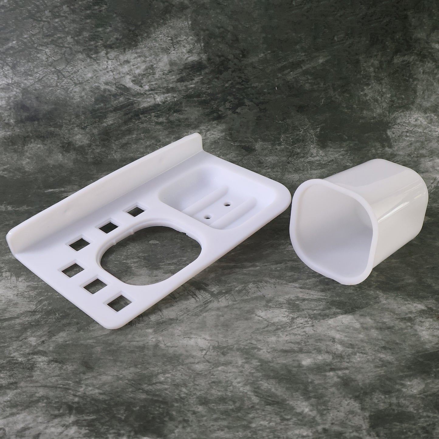 Wukusy 3-in-1 wall-mounted toothbrush and soap holder with cup, multi-compartment bathroom organizer for home improvement.