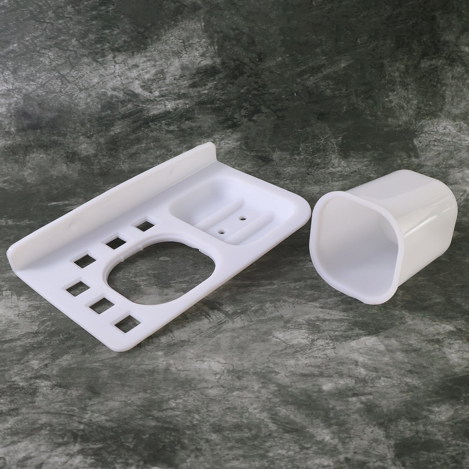 Wukusy 3-in-1 wall-mounted toothbrush and soap holder with cup, multi-compartment bathroom organizer for home improvement.
