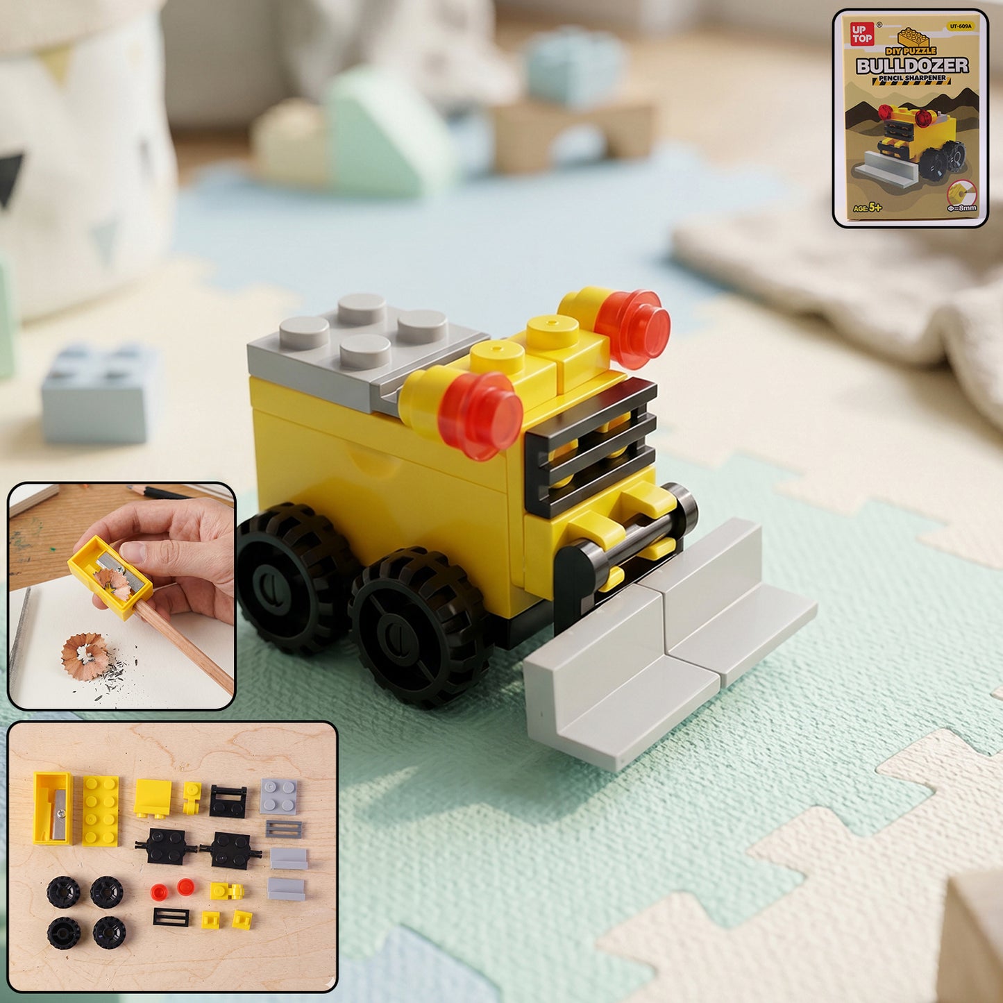 Wukusy cute bulldozer pencil sharpener toy with colorful design, fun interactive desk accessory for kids and students.