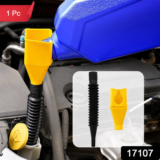 Flexible plastic funnel by Wukusy for spill-free car oil and fuel filling, shown with a wide mouth and durable design.
