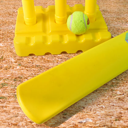 Wukusy cricket set with cricket bat, rubber ball, bails, three stumps, and stand base for outdoor sports play.