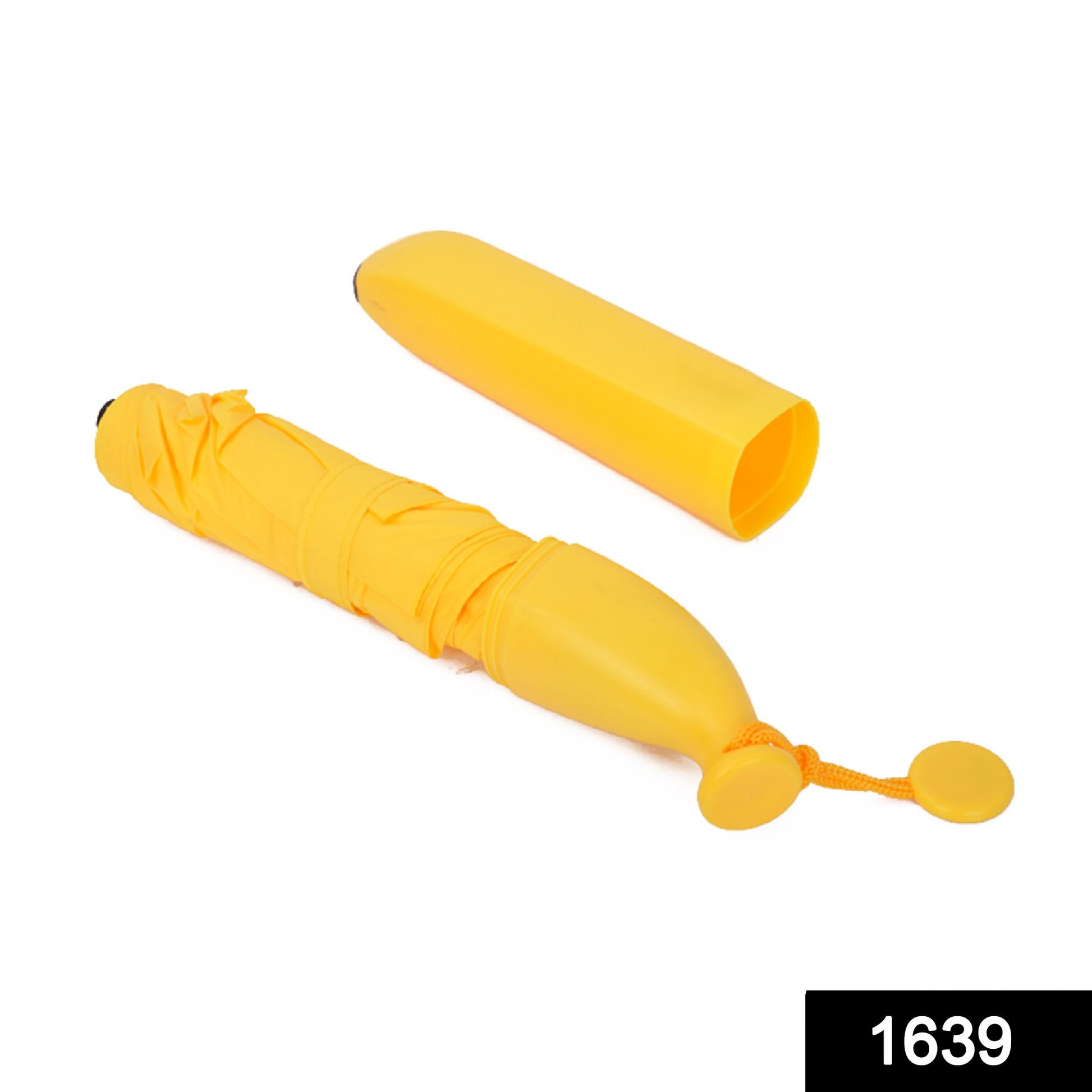 Wukusy stylish banana-shaped mini foldable travel umbrella open, compact design, bright yellow color, perfect for portable rain protection.