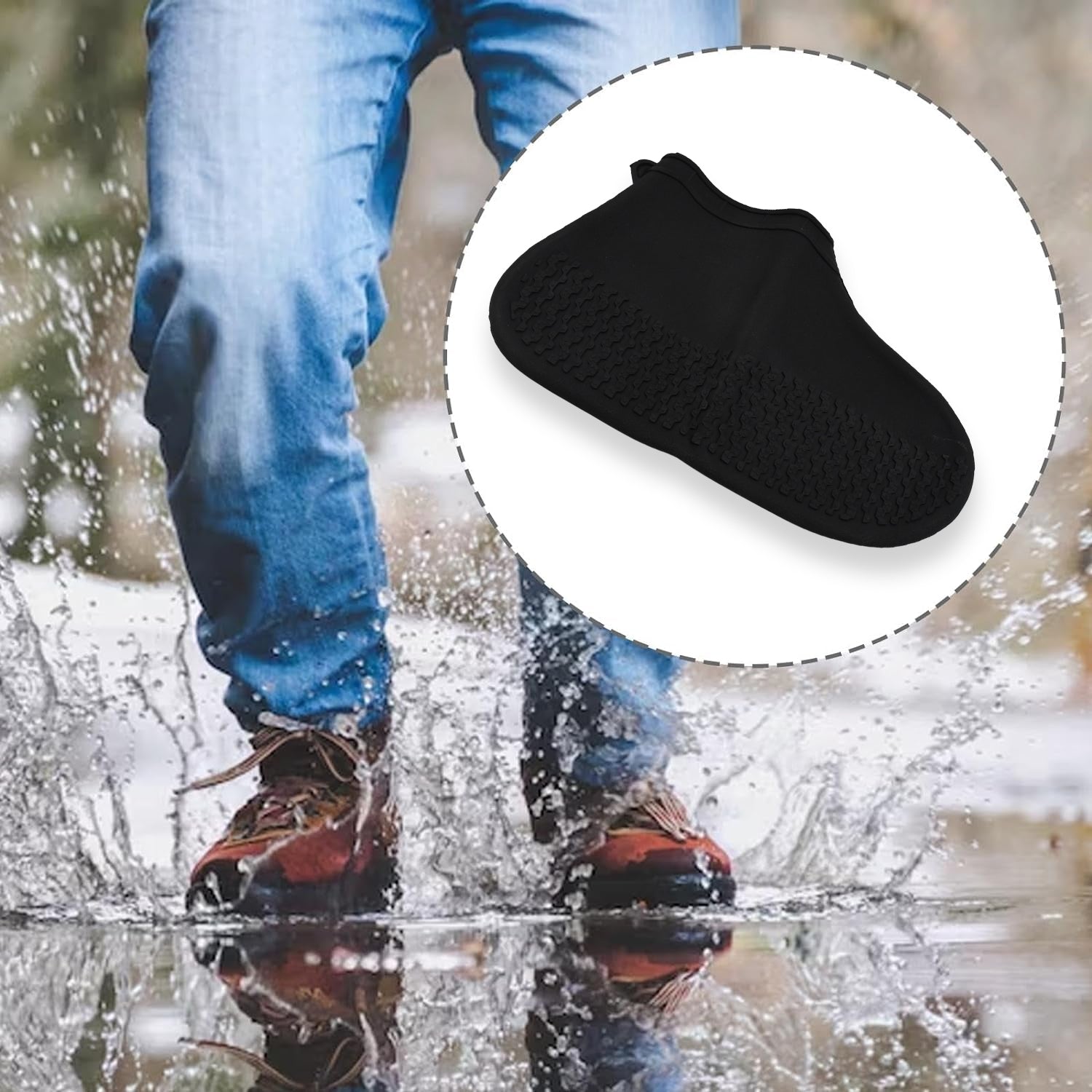 Pair of Wukusy non-slip silicone rain boot covers in small size, waterproof and reusable, designed to protect shoes from wet conditions.