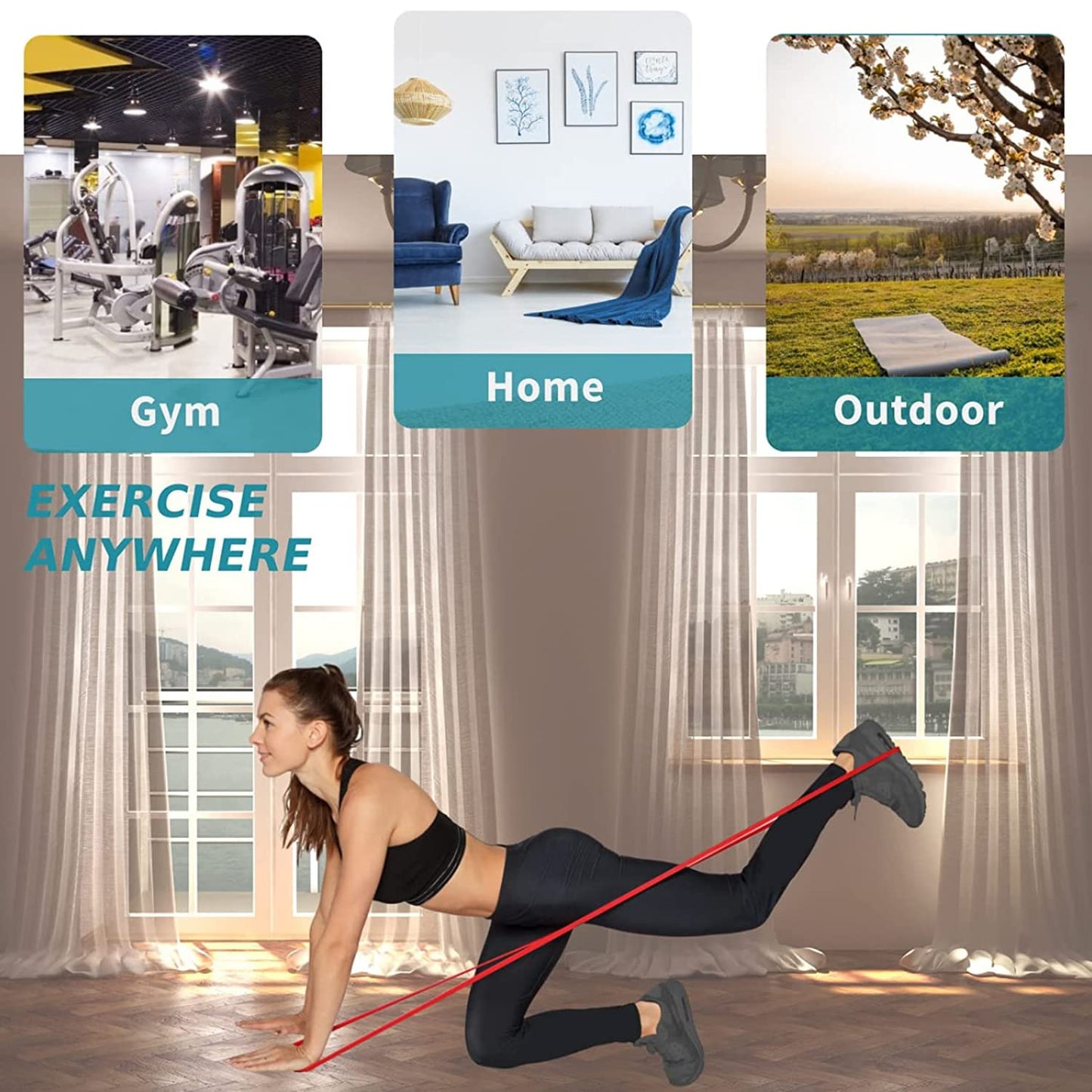 Wukusy heavy-duty resistance exercise band stretched out, showing its durable elastic material for strength training and workouts.