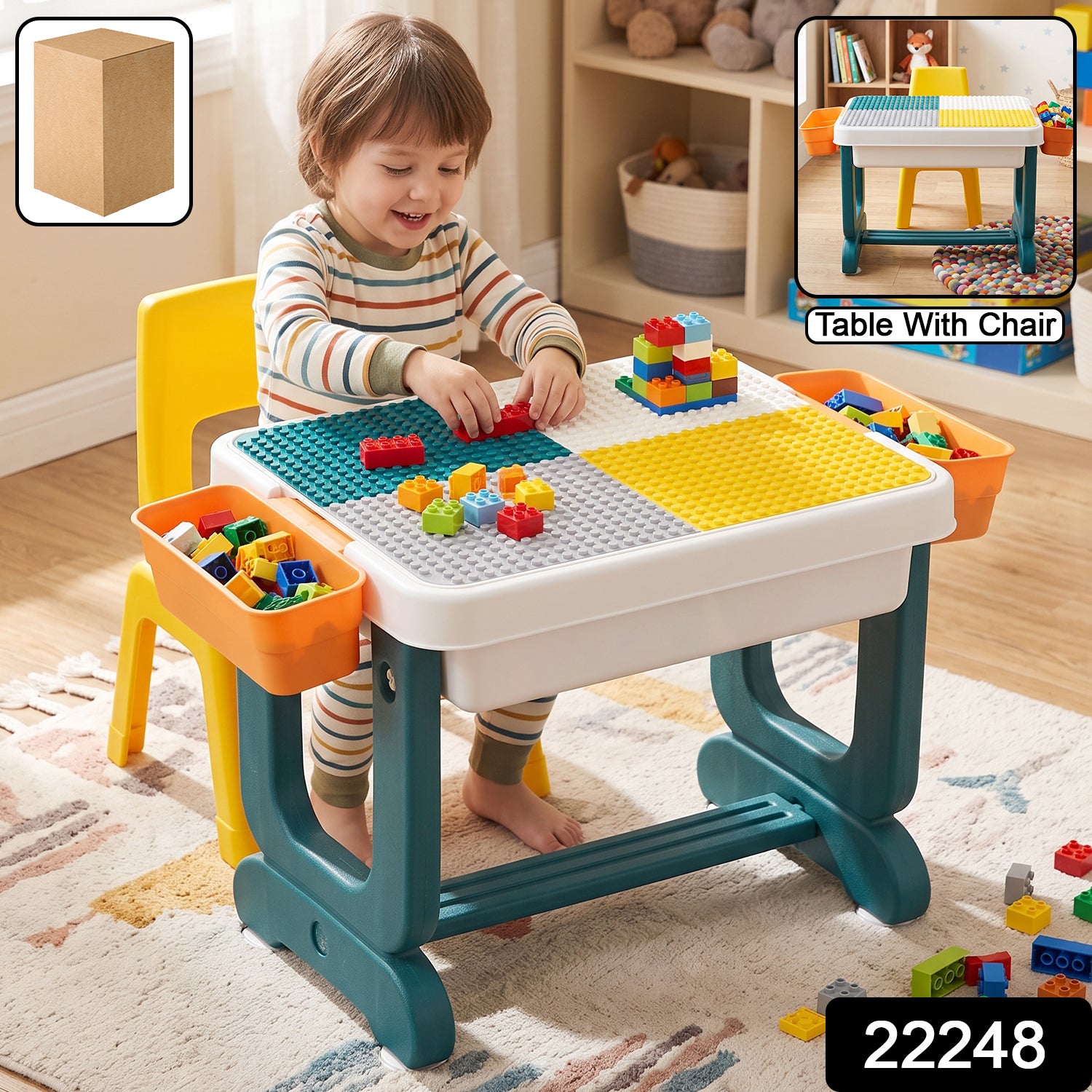 Kids building block activity table and chair set with storage bins by Wukusy, featuring a colorful table and matching chairs with storage.