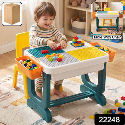 Kids building block activity table and chair set with storage bins by Wukusy, featuring a colorful table and matching chairs with storage.