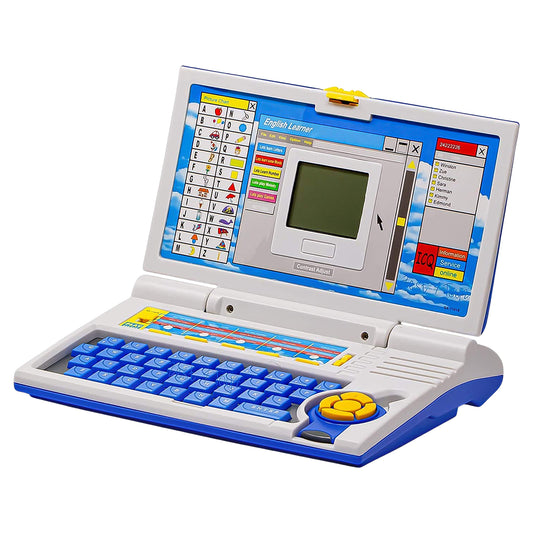 Wukusy English learner educational laptop toy with colorful buttons and screen showing learning activities for kids.