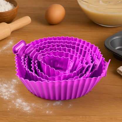Set of six reusable silicone air fryer pots with handles by Wukusy, suitable for home kitchen use and easy to handle.