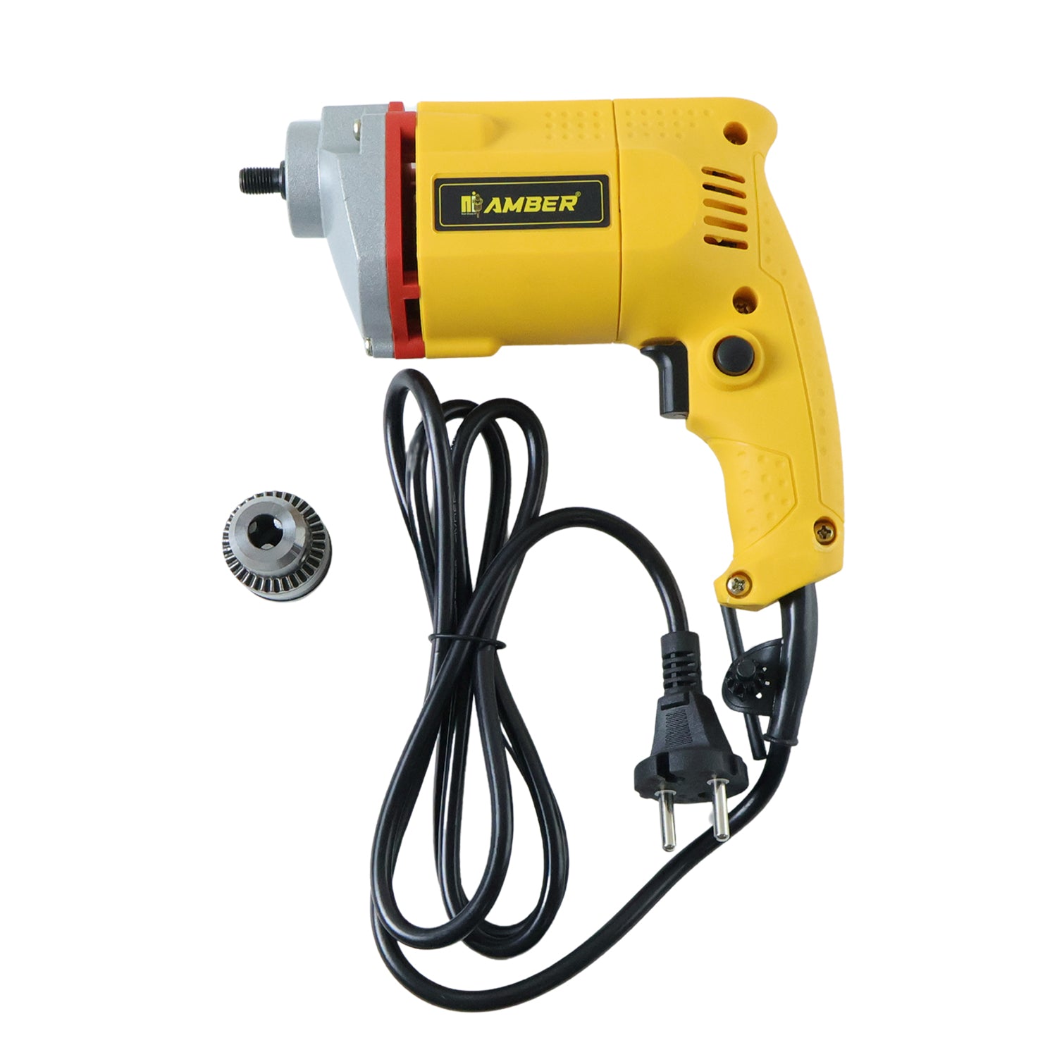 Wukusy Amber Electric Drill Am2310 with 350W motor, shown with drill bit attached, black and yellow design, compact handheld tool.