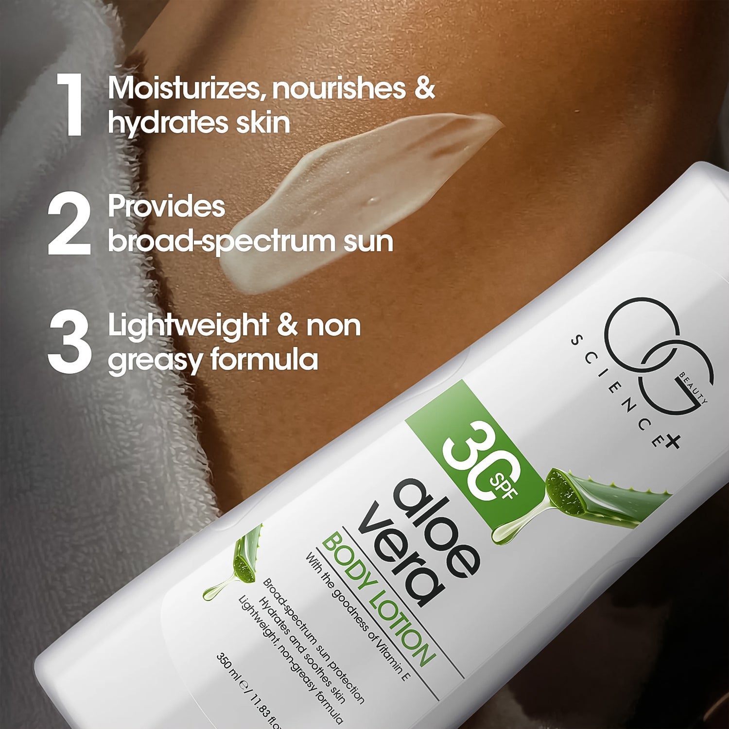 Wukusy Og Beauty Science Aloe Vera Body Lotion 350ml bottle featuring clear moisturizing formula for healthy skin.