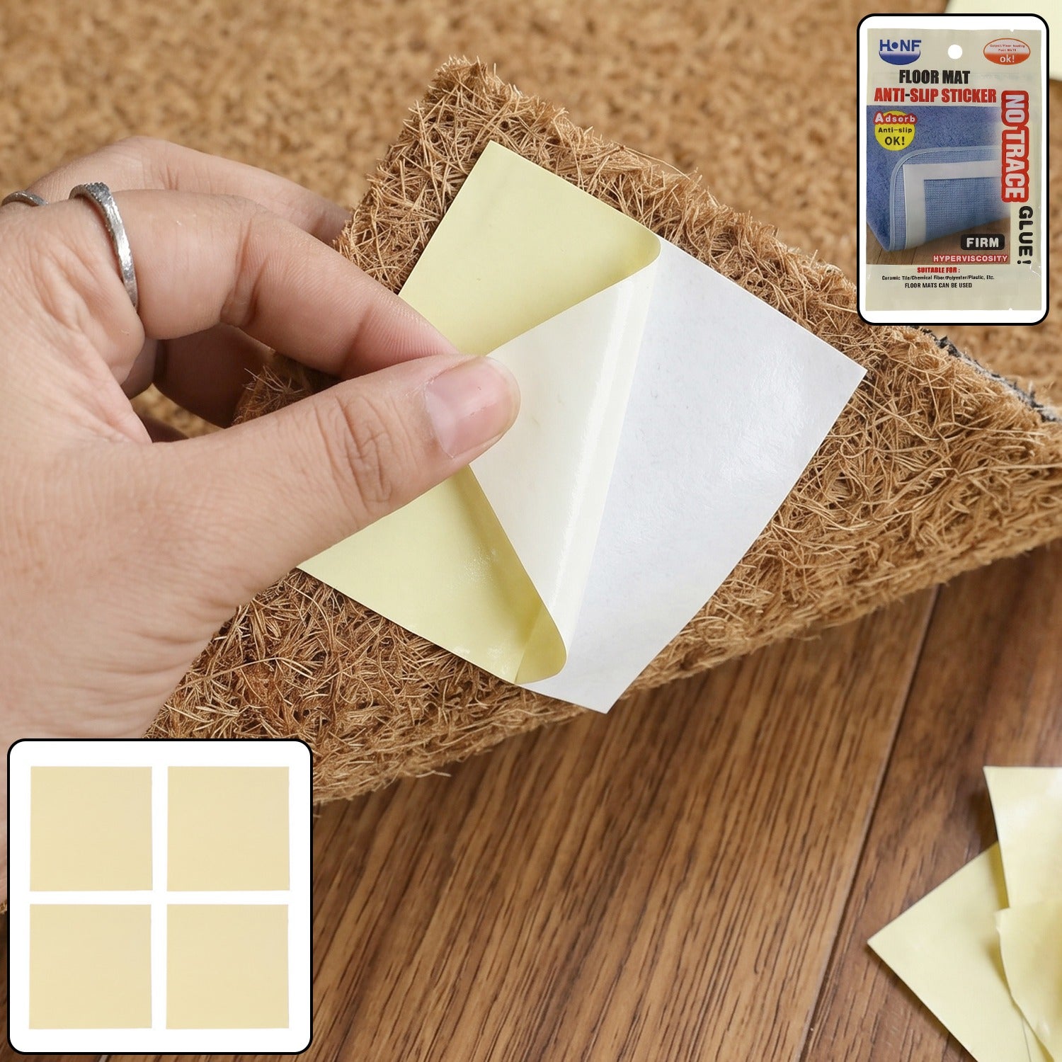 Reusable Wukusy anti-slip mat grippers and floor fixing stickers for safety, shown on a floor surface for secure grip.