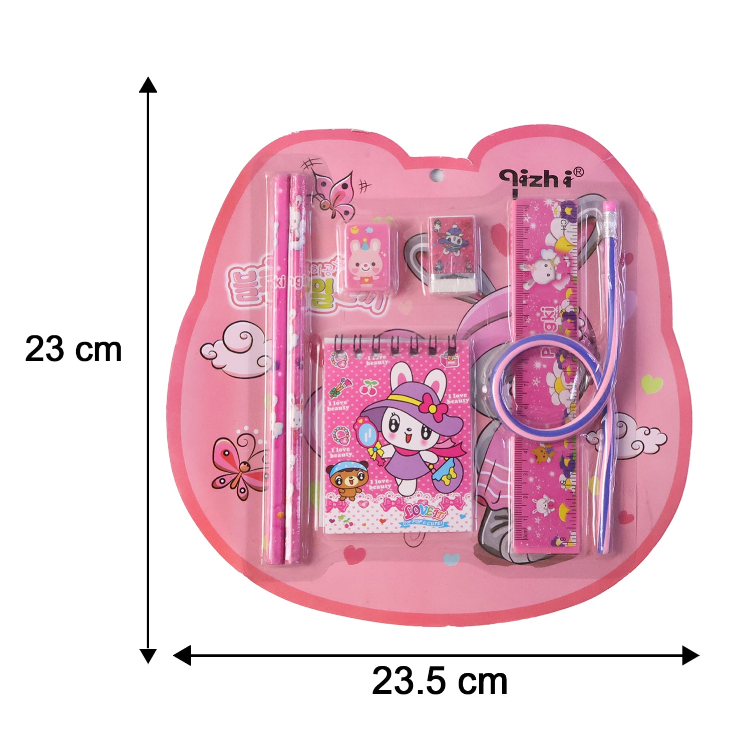 Wukusy 7-in-1 pink stationery set including ruler, pencils, eraser, notebook, and sharpener arranged on a white background.