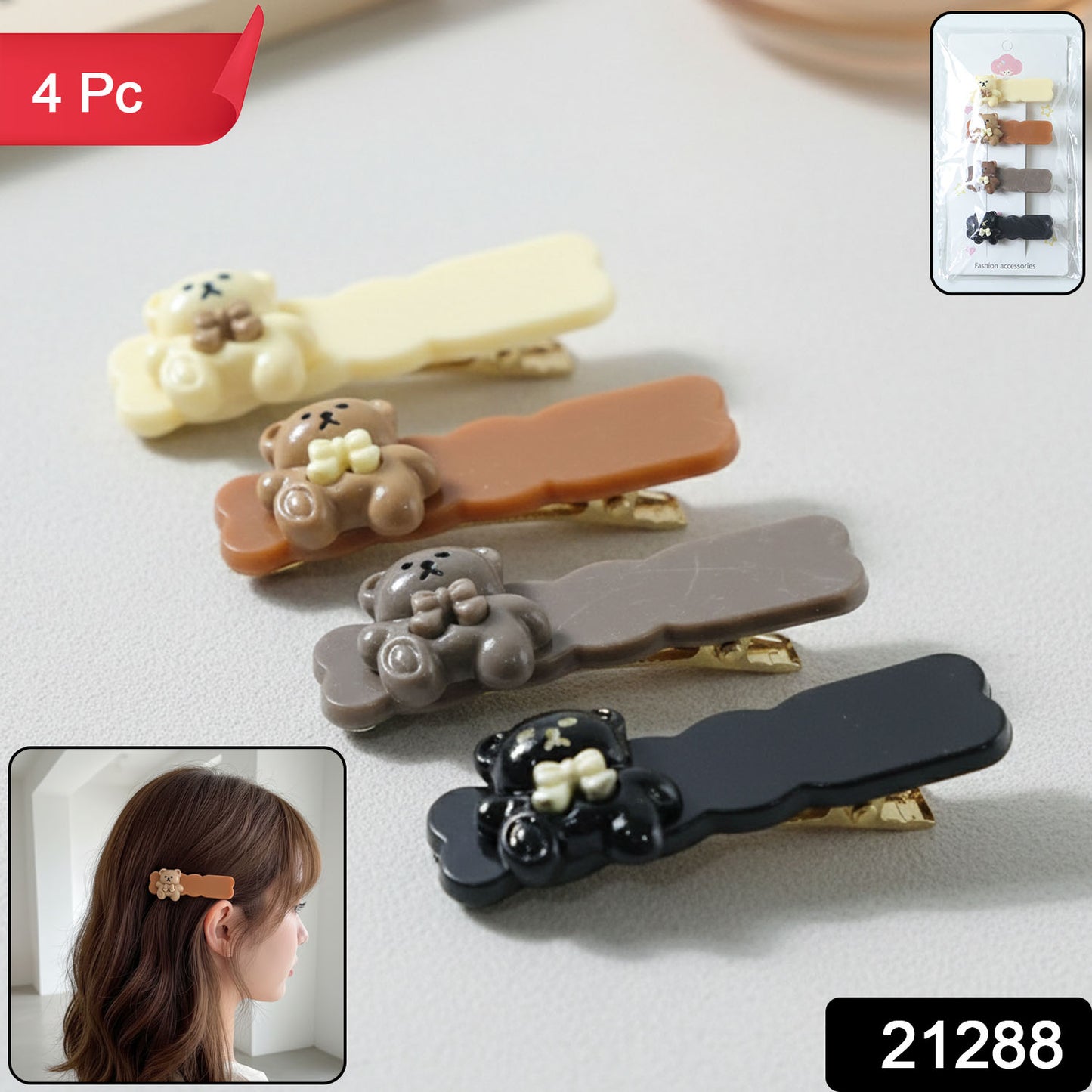 Set of four cute teddy bear decorative snap hair clips by Wukusy, perfect for adding charm to hairstyles