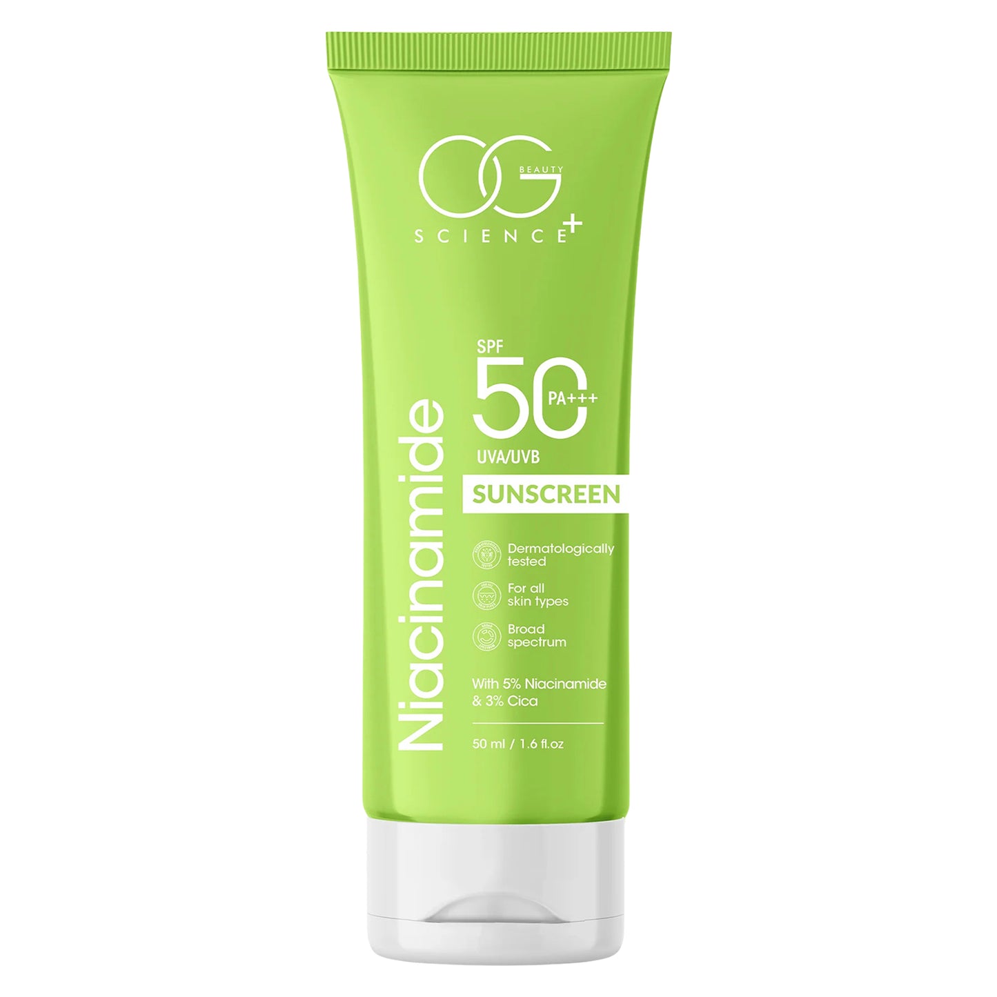 Wukusy Og Beauty Niacinamide Sunscreen SPF 50 PA+++ in a sleek tube, showcasing the sunscreen product with a bright, clean background.
