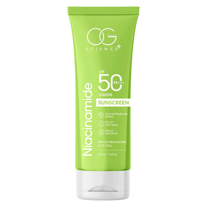 Wukusy Og Beauty Niacinamide Sunscreen SPF 50 PA+++ in a sleek tube, showcasing the sunscreen product with a bright, clean background.