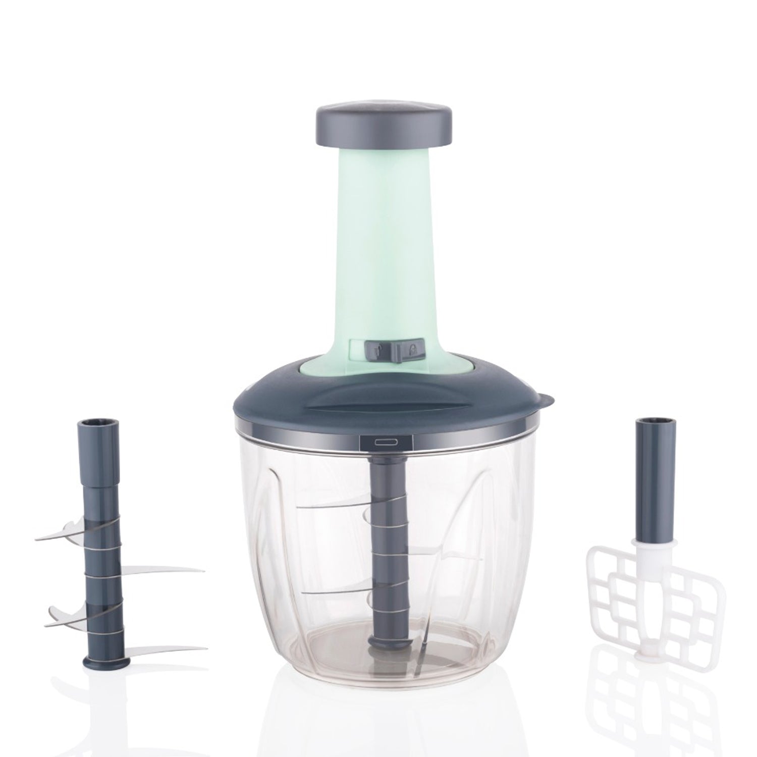 Wukusy 1100ml 2-in-1 push-up chopper and blender with 6 sharp blades for vegetable and fruit chopping, easy push and chop button.