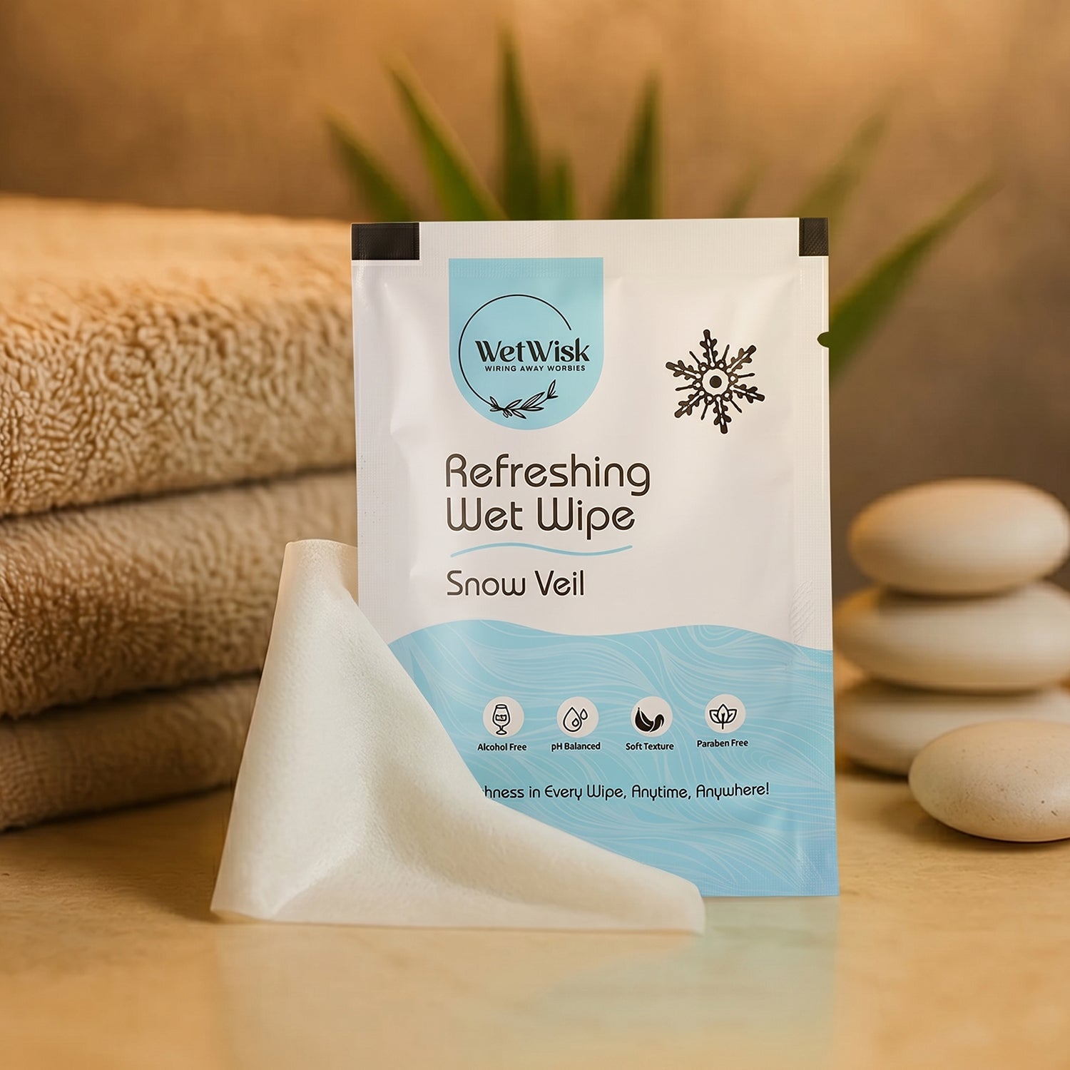 Wukusy Snow Veil refreshing wet wipes for face, body, and hands, soft and gentle cleansing wipe in a single pack