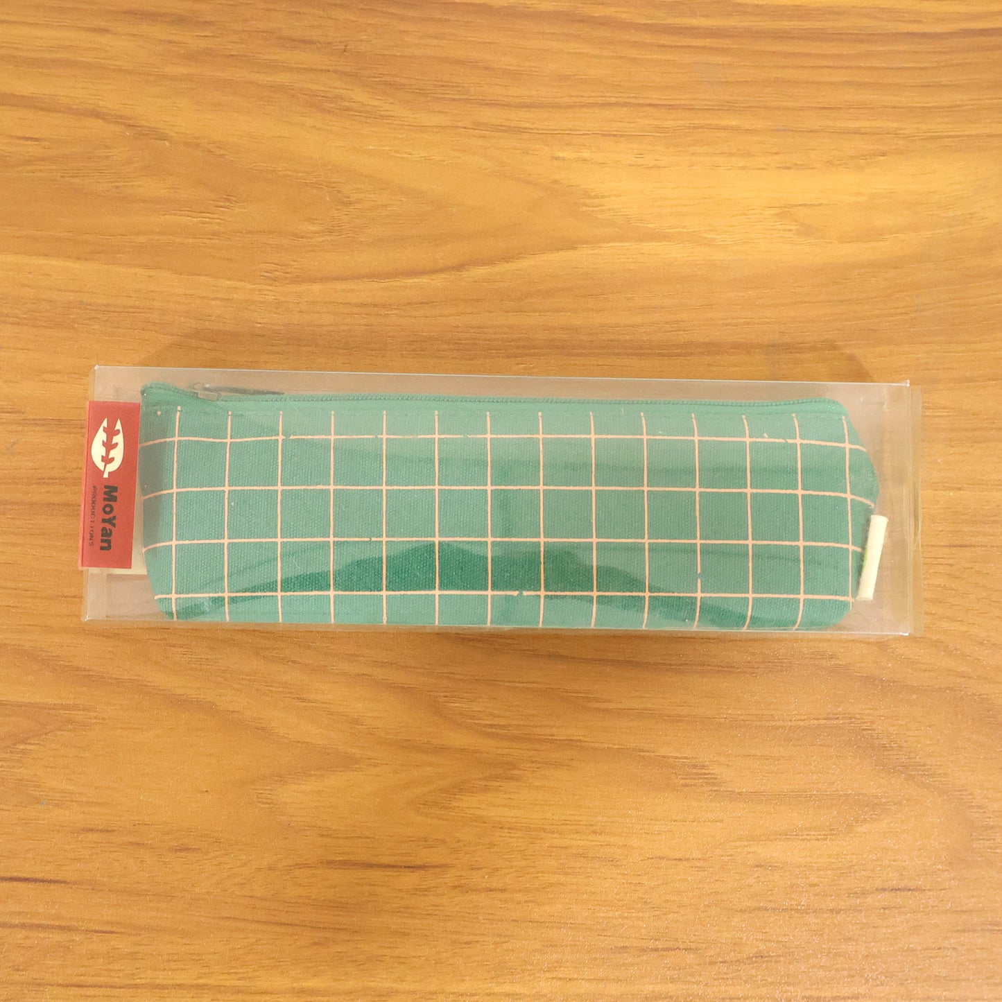 Green grid printed zipper pencil pouch organizer by Wukusy, compact storage for pens, pencils, and small stationery items.