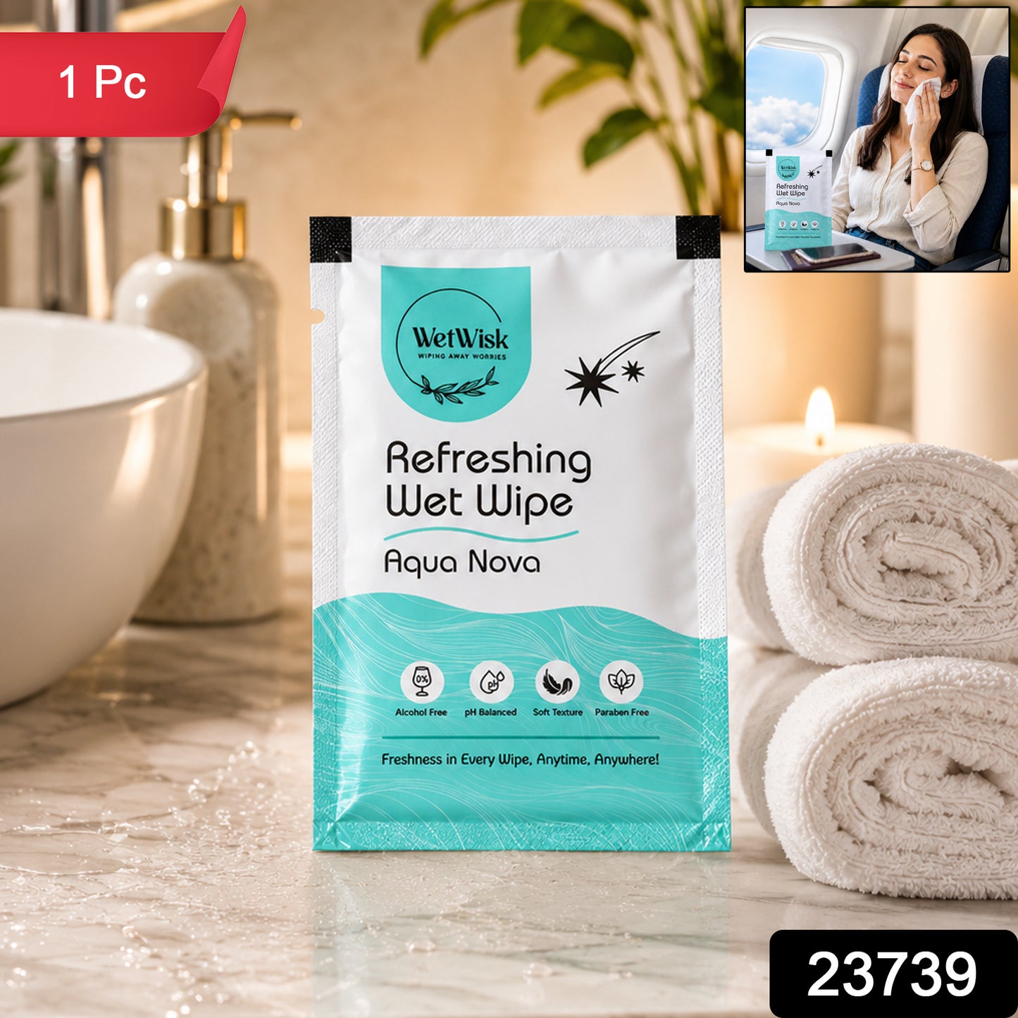 Wukusy Aqua Nova refreshing wet wipe for face, hands, and body, showing a single pack of cleansing wipes in packaging