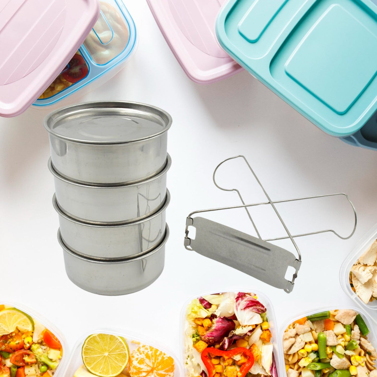 Wukusy 2364 double wall insulated stainless steel tiffin lunch box with 4 compartments, handle, leakproof, BPA-free, stackable for office or home