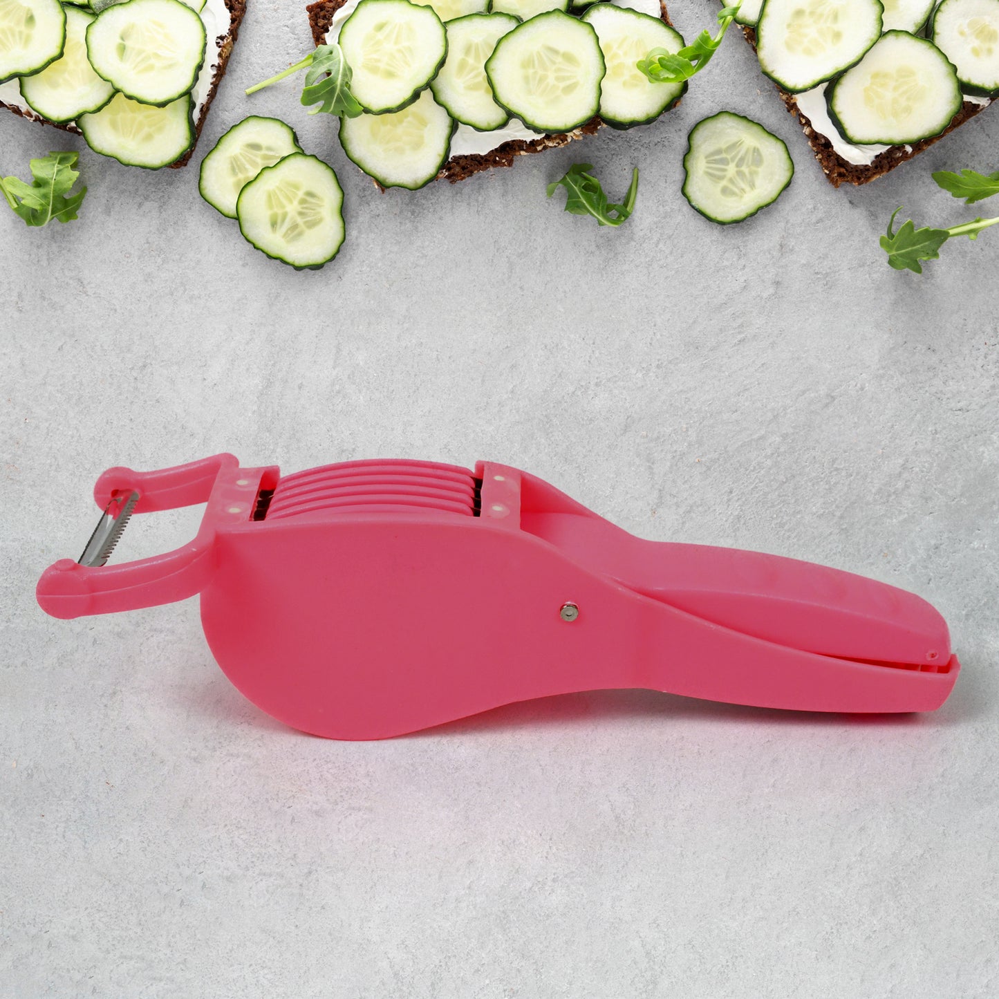 Wukusy 2-in-1 plastic vegetable and fruit multi cutter with 5 blades and peeler, colorful kitchen tool for food prep.