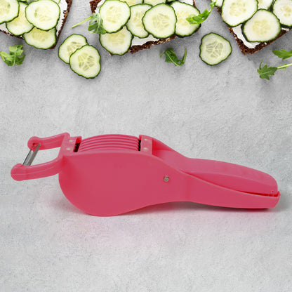Wukusy 2-in-1 plastic vegetable and fruit multi cutter with 5 blades and peeler, colorful kitchen tool for food prep.