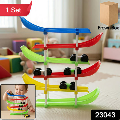 Kids multi-level car racing track toy set by Wukusy with colorful tracks and racing cars for children to play and race.