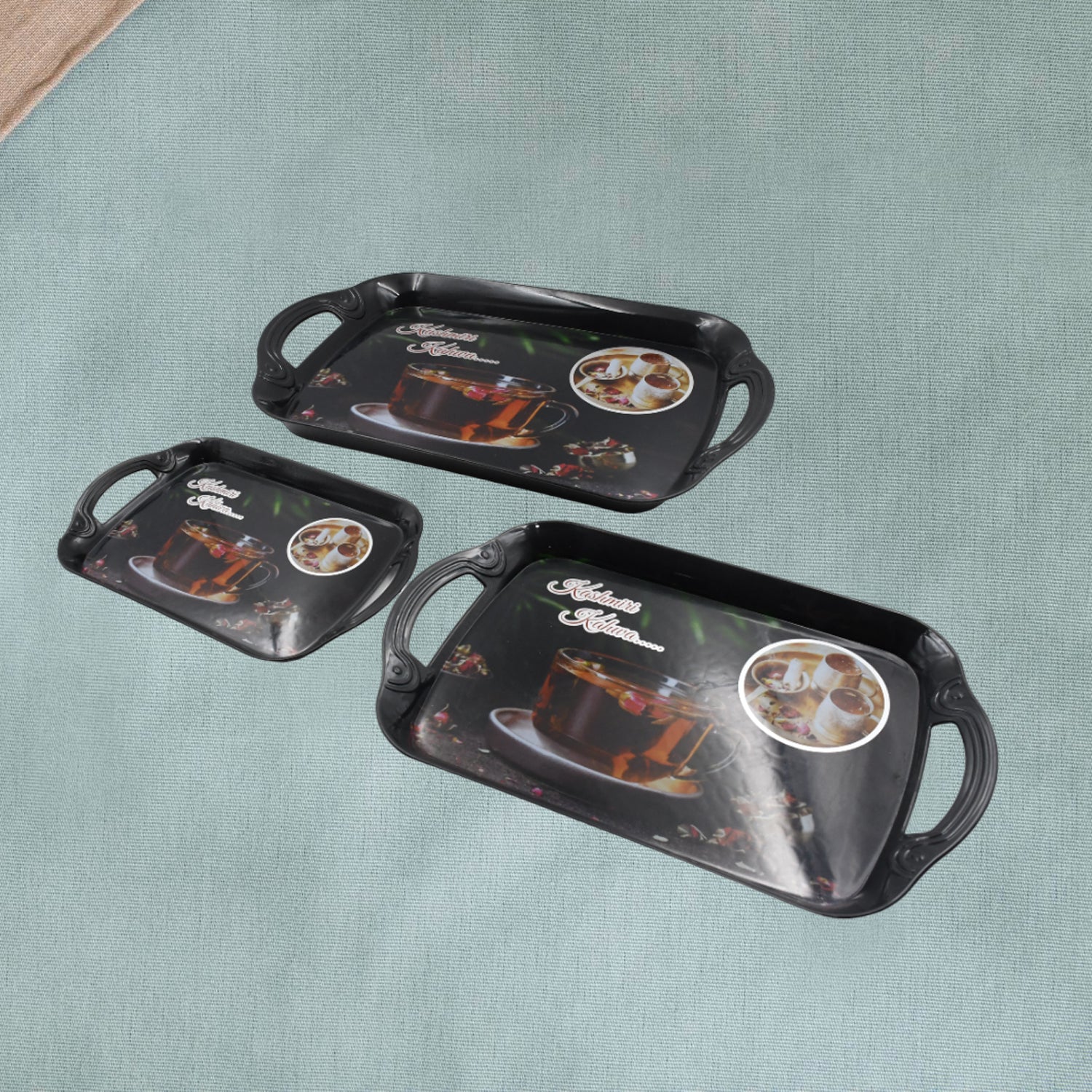 Wukusy set of 3 melamine serving trays in different sizes for kitchen, tea, snacks, and office use, with a modern design.