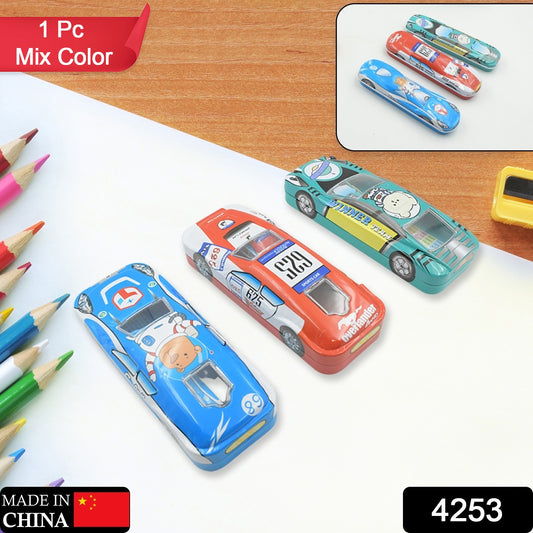 Wukusy car shape metal compass box with small compass inside, colorful stationery pencil case for kids, suitable for school and gifts