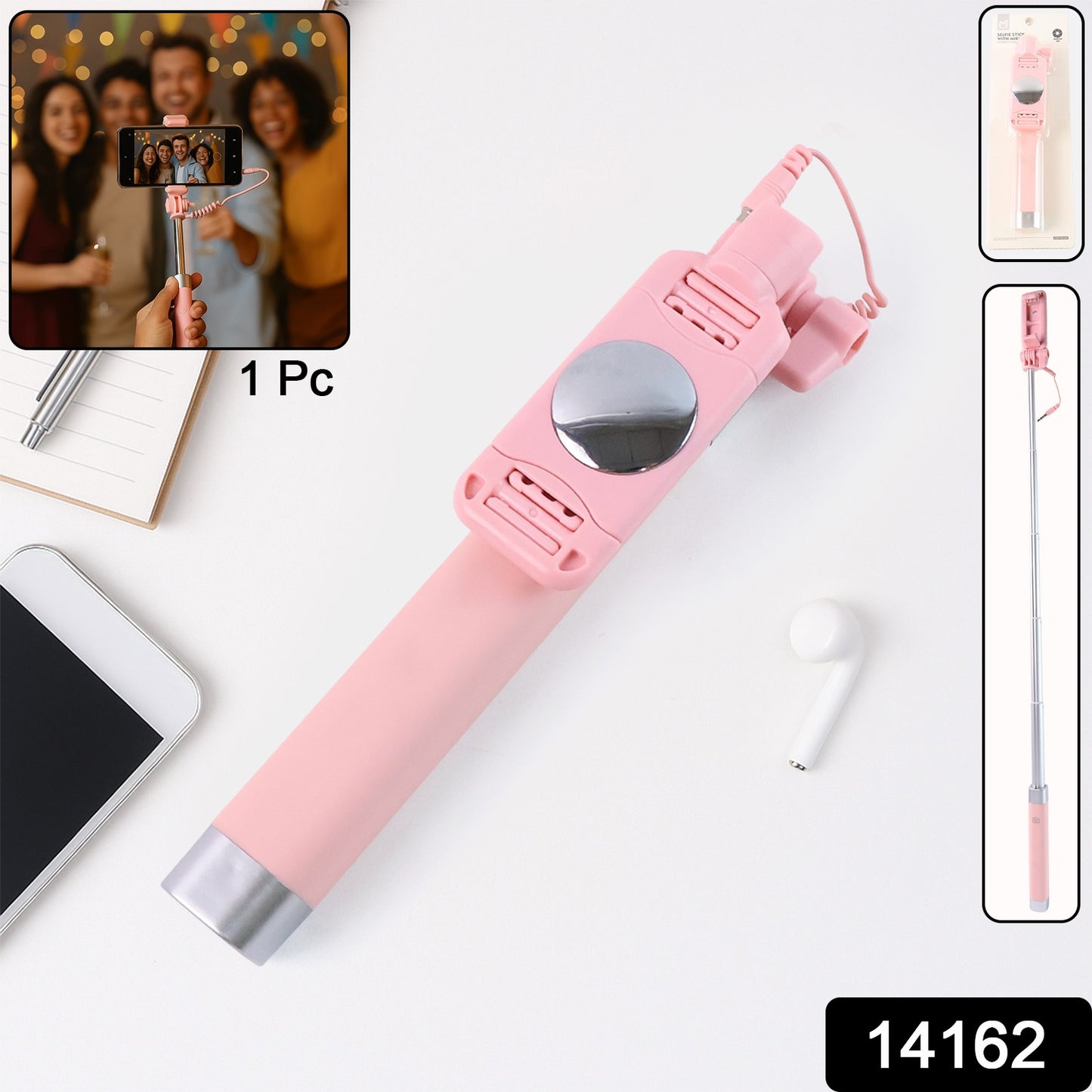 Wukusy wired travel selfie stick with rearview mirror and built-in shutter button, black handheld device for selfies.