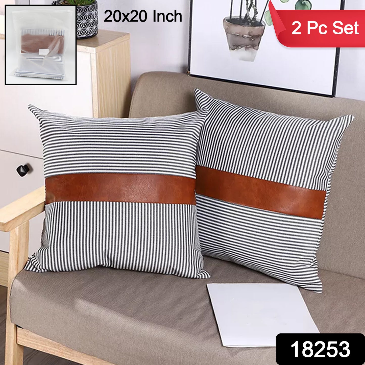 Pair of Wukusy leather and cotton pillow covers, 20x20 inch, 2-piece set, for home decor and cushion enhancement.