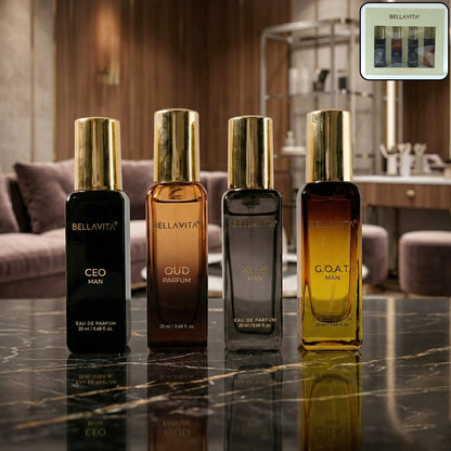 Wukusy Bellavita men's luxury perfume gift set with four 20ml bottles, elegant packaging and sophisticated fragrance.