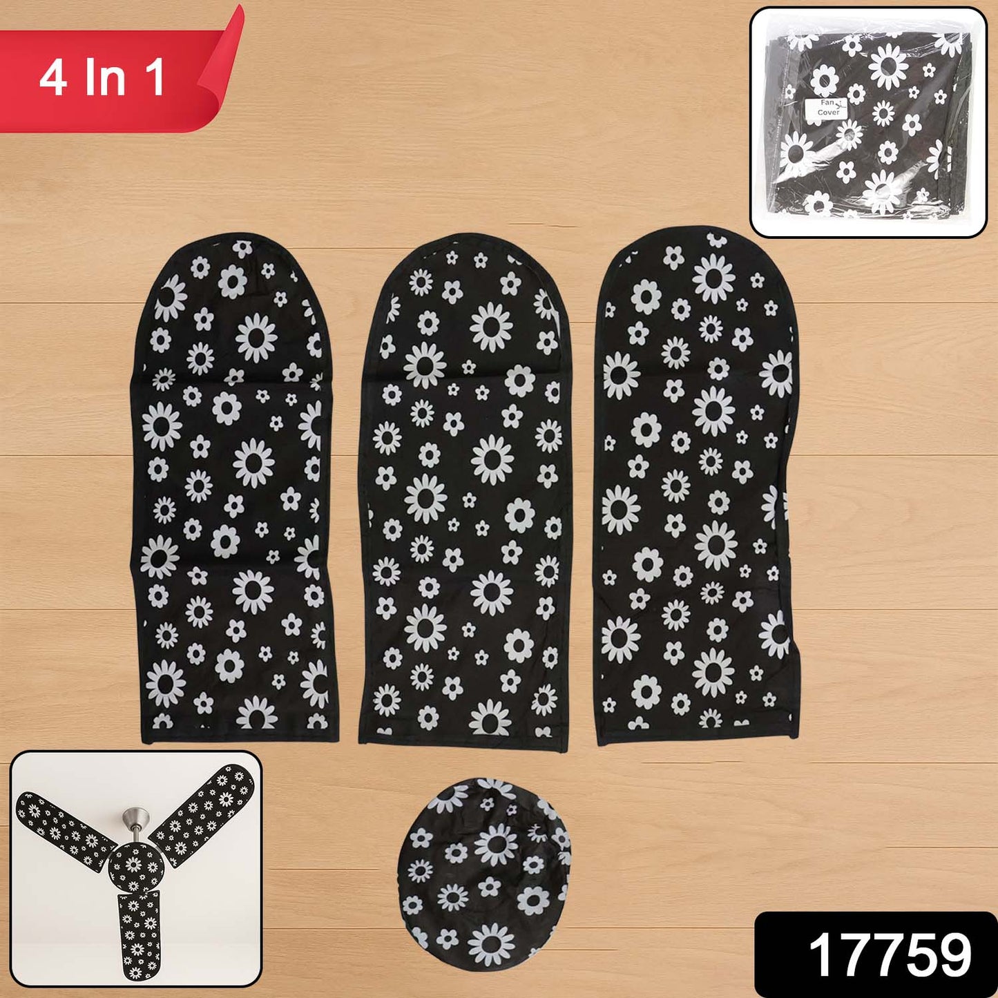 Wukusy 4-in-1 ceiling fan dust proof cover set showing clear plastic covers for fan blades and motor area.