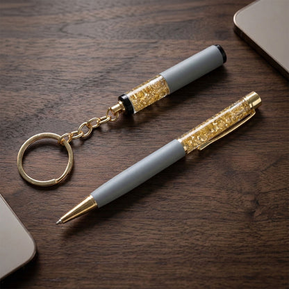 Wukusy Premium 2-in-1 keychain and pen combo gift set with silver keyring and black pen, placed on a white background.
