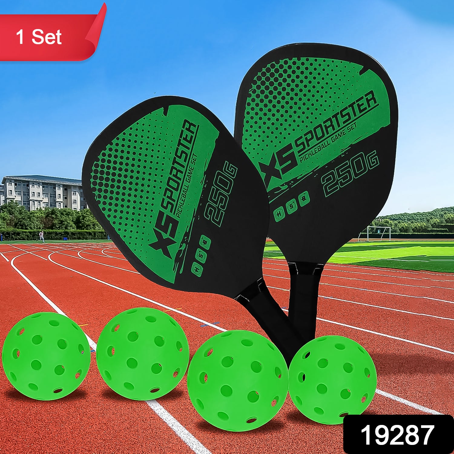 Wukusy outdoor pickleball paddle and ball set with a wooden paddle and standard pickleball ball on a court surface