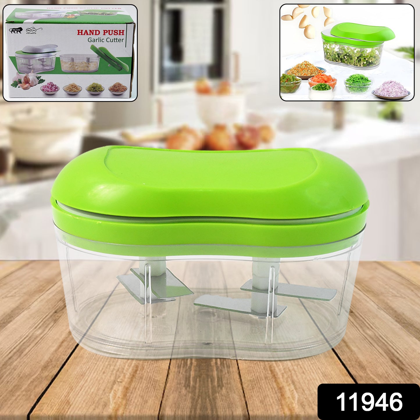 Wukusy manual hand push garlic cutter and vegetable chopper on a kitchen countertop, showcasing its compact design and stainless steel blades.