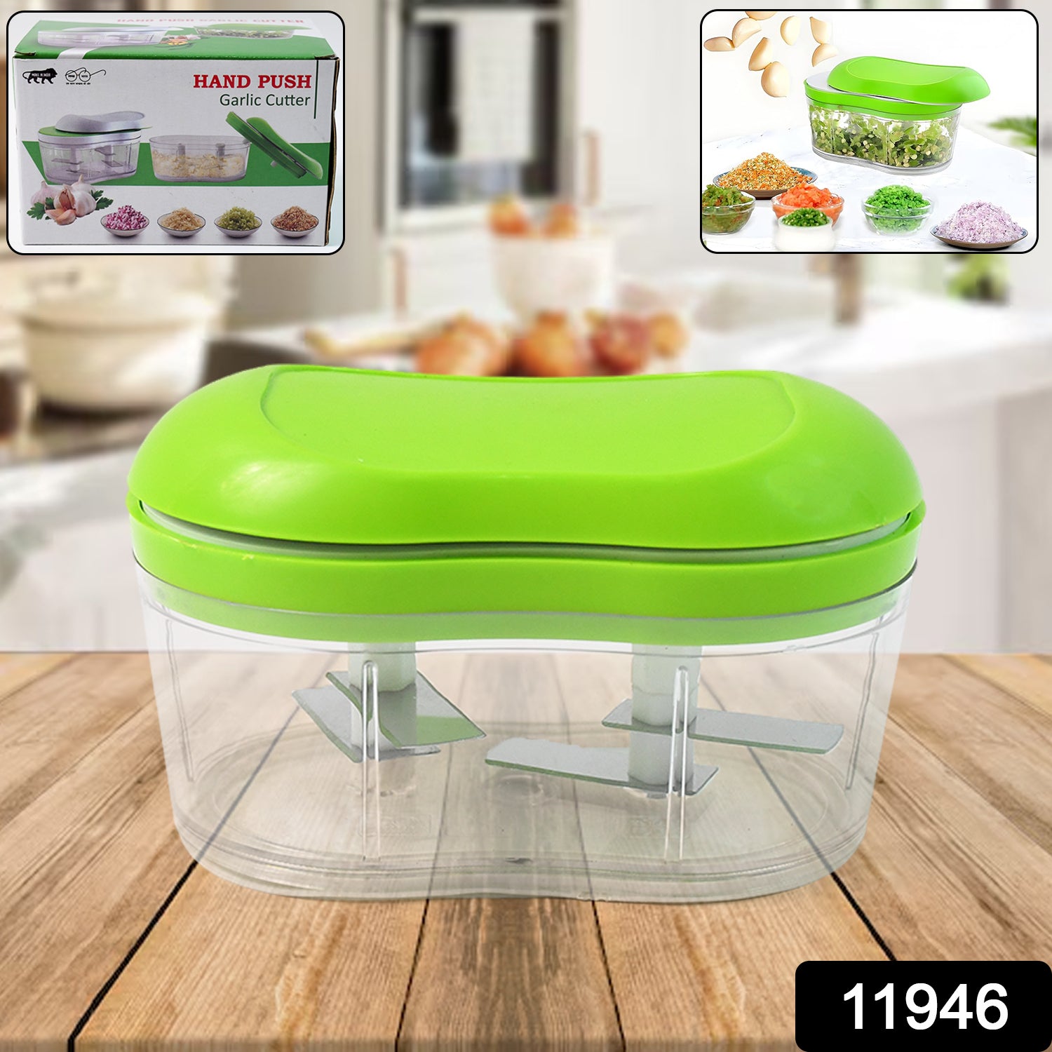 Wukusy manual hand push garlic cutter and vegetable chopper on a kitchen countertop, showcasing its compact design and stainless steel blades.