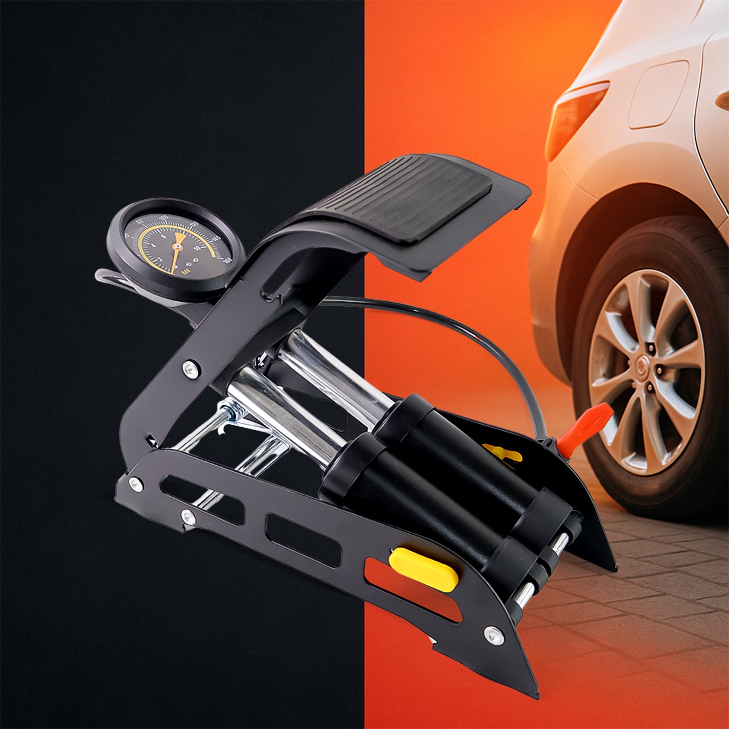 Wukusy portable high pressure foot air pump compressor for car and bike inflating tires and sports equipment.