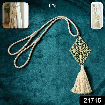 Decorative Wukusy curtain tieback tassel with intricate design, made of fabric and beads, used to hold curtains elegantly.