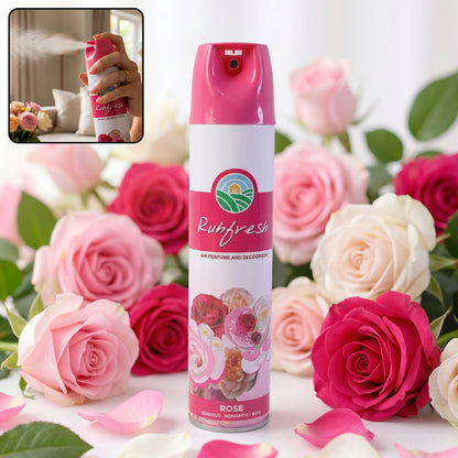 Wukusy Rose air freshener spray bottle, 220 ml, with a floral rose design and spray nozzle visible.