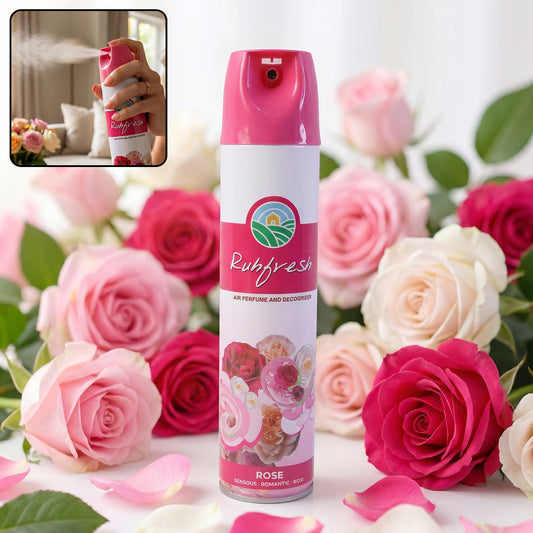 Wukusy Rose air freshener spray bottle, 220 ml, with a floral rose design and spray nozzle visible.