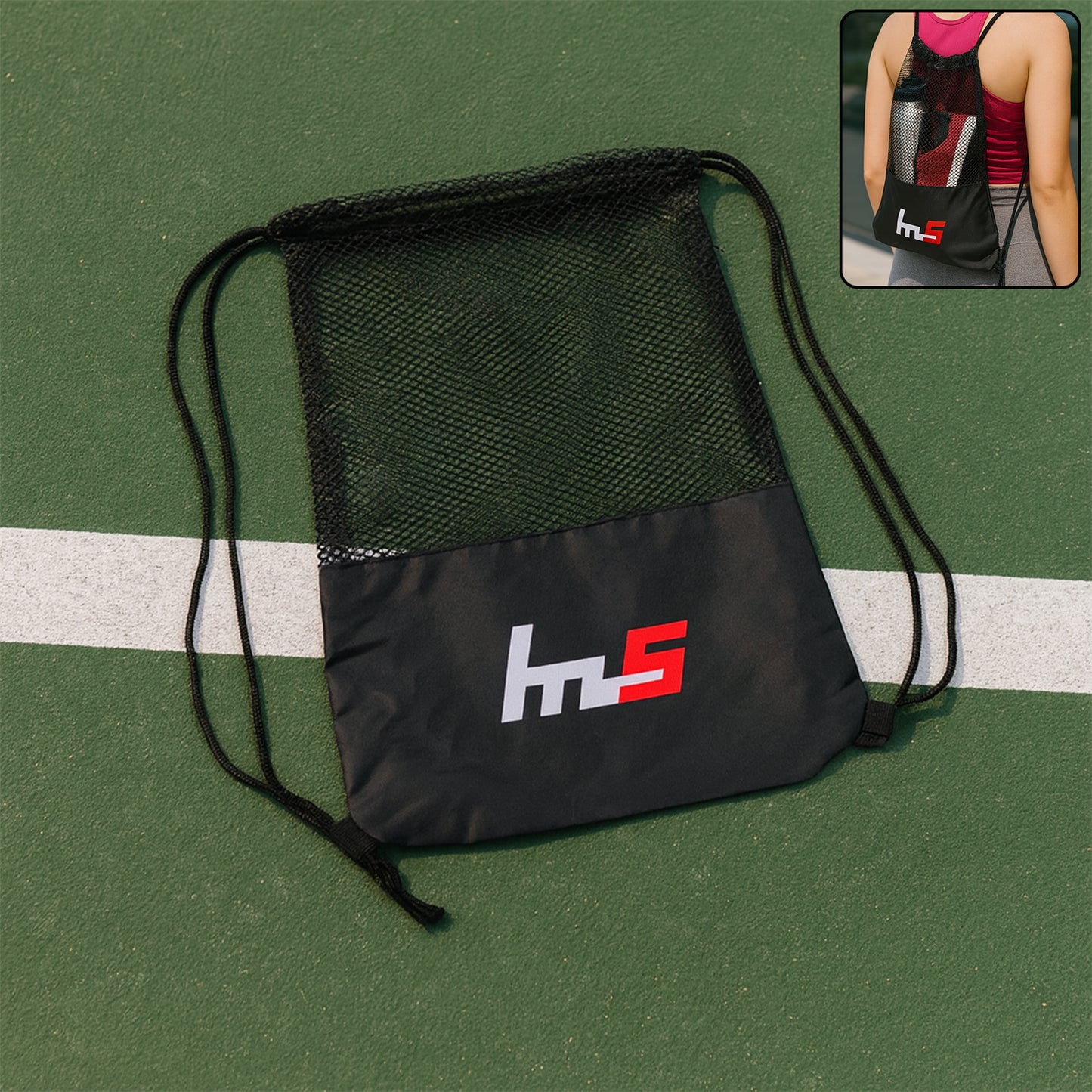 Wukusy breathable mesh drawstring gym sack with sports backpack design, featuring adjustable drawstrings and lightweight construction.