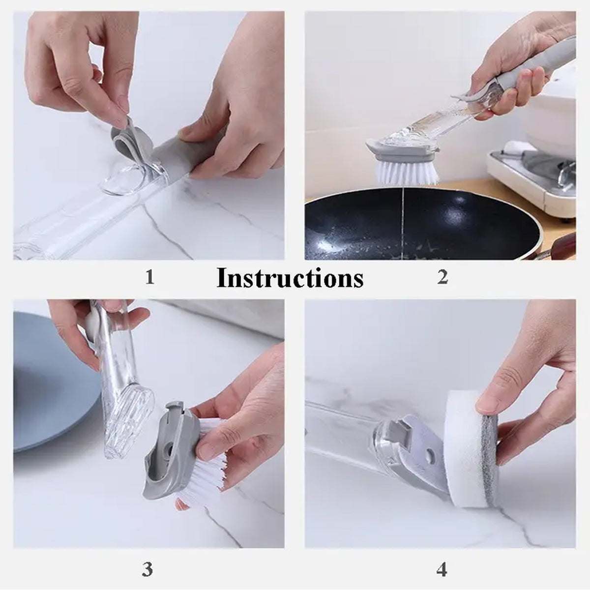 Wukusy 1271c color dish scrubber with soap dispenser and replaceable heads, kitchen dishwashing brush set with long handle.
