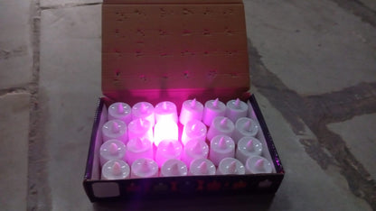Set of 24 pink flameless LED tealights from Wukusy, smokeless plastic candles for home decoration, soft glow, and safe ambiance.