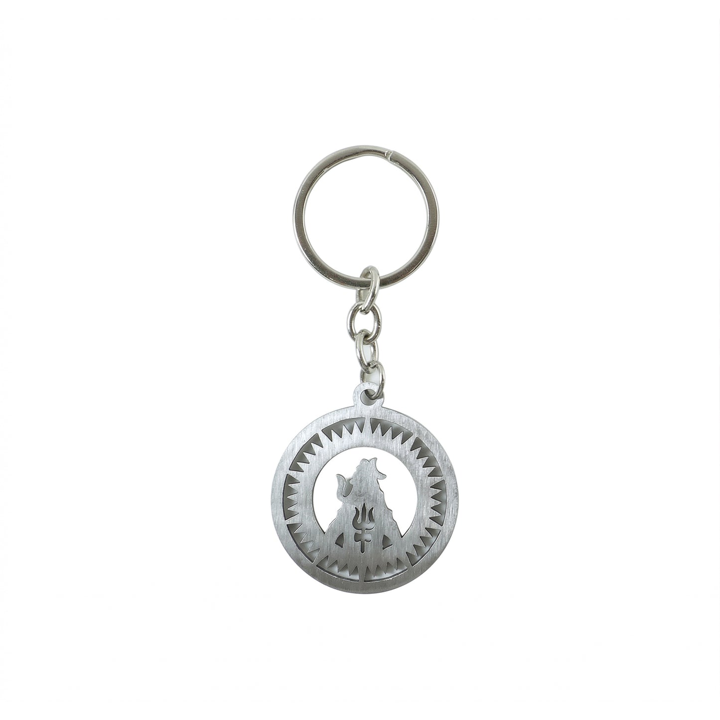 Wukusy Premium Metal Round Mahakal Keychain, featuring intricate Mahakal design, hanging from a keyring.
