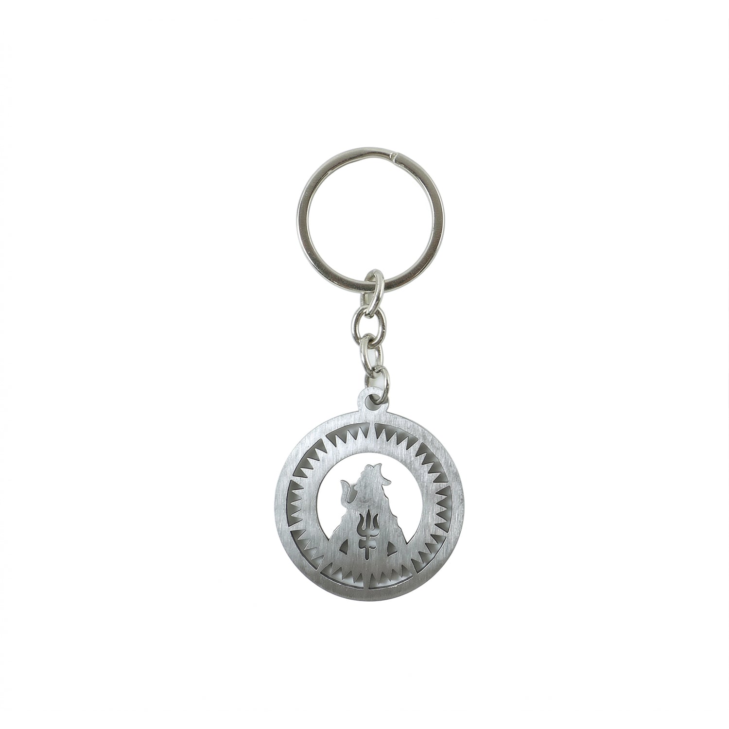 Wukusy Premium Metal Round Mahakal Keychain, featuring intricate Mahakal design, hanging from a keyring.