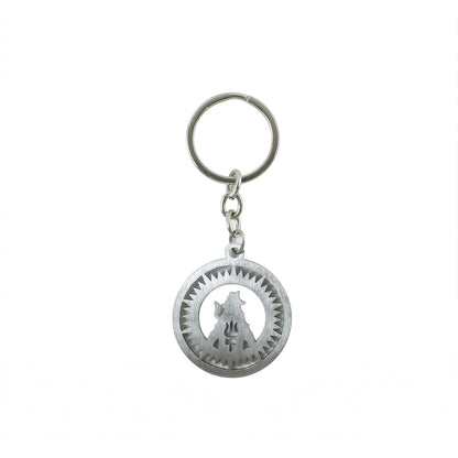 Wukusy Premium Metal Round Mahakal Keychain, featuring intricate Mahakal design, hanging from a keyring.