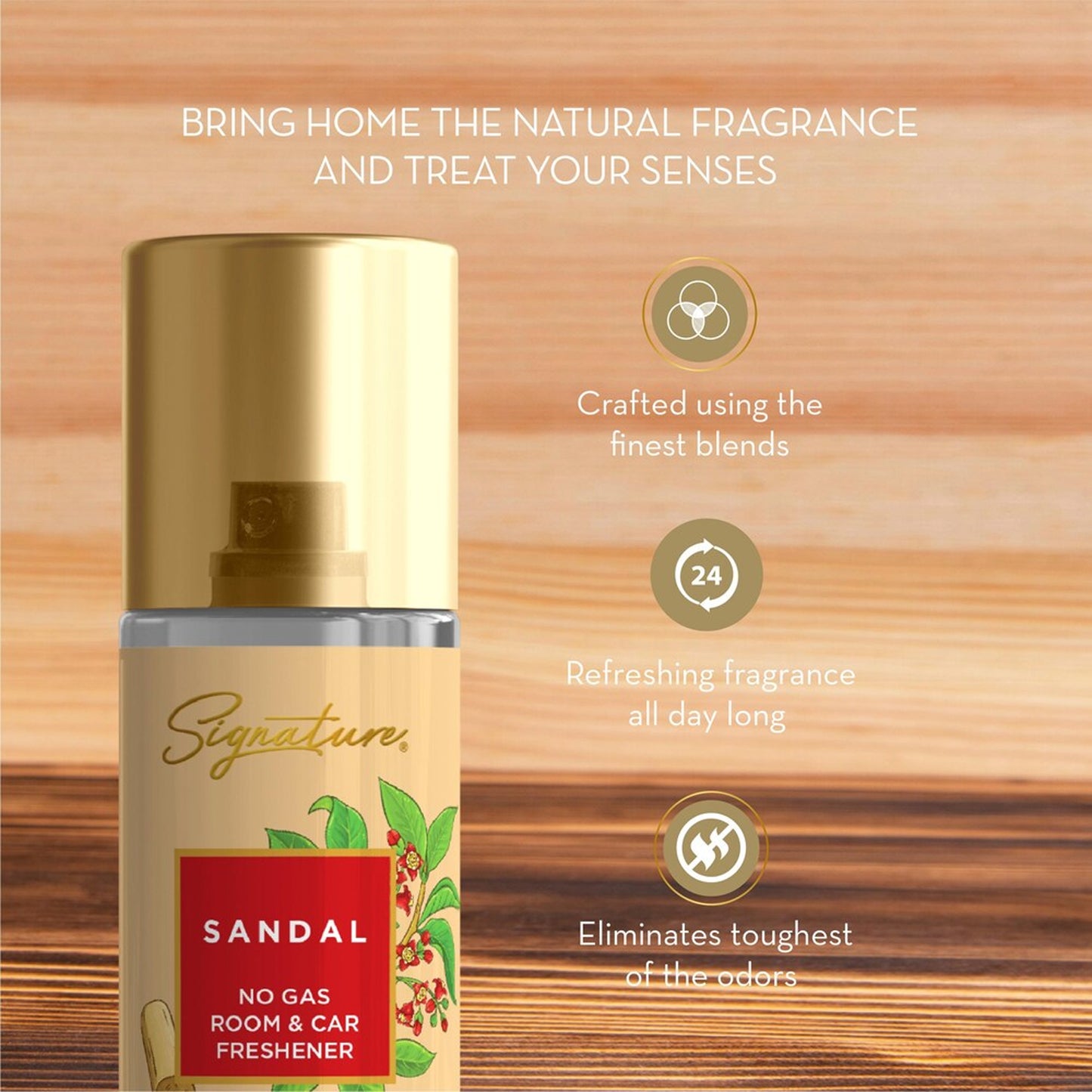 Wukusy Signature Sandal Room Car Freshener Spray 250ml bottle with sandalwood scent and sleek packaging.